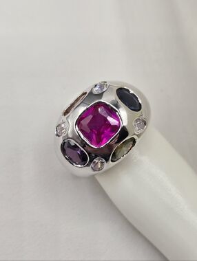 Swarovski Crystal Elements Silver Cluster Ring Pink Green Purple Size 5.75 Prom